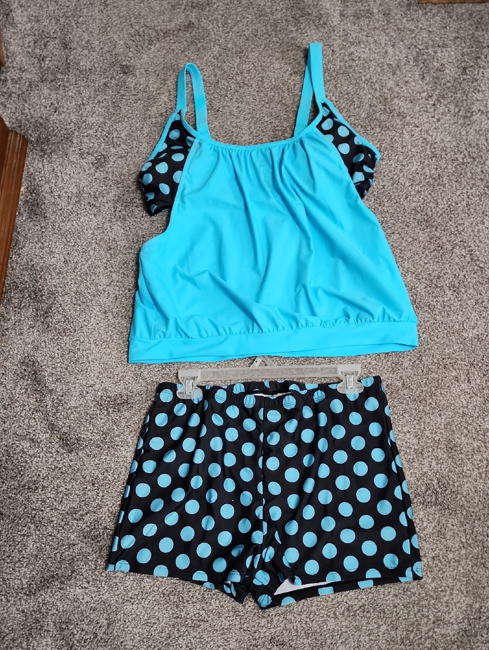 Women’s Aqua Two-Piece Tankini with Polka Dot Swim Shorts